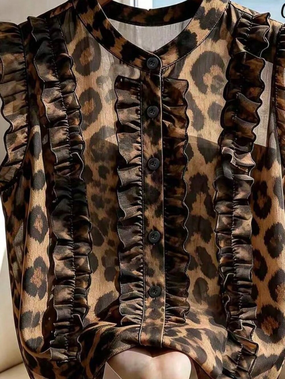 Brown Casual Women's Sleeveless Chiffon Leopard Print Ruffle Trim Shirt